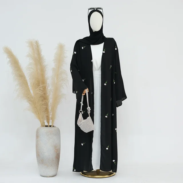 Abaya en mousseline de soie pour femmes, Kimono ouvert, Robe de Turquie, Eid Ramadan, Kaftan, Cardigan musulman, Manteau, Islam Vêtements, Robe arabe Jalabiya, Noir