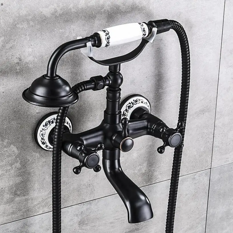 Black finish Brass European Design telephone Style ceramic base deco Bath and Shower Mixer Faucet exposed shower set H9581