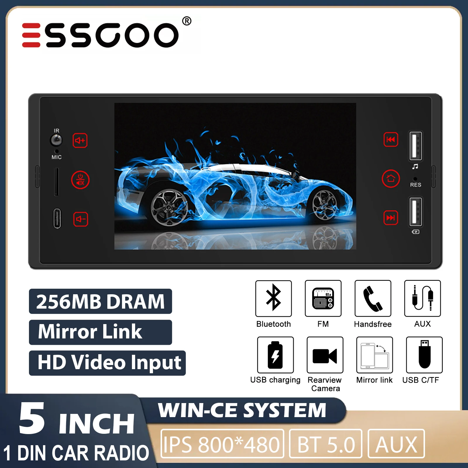ESSGOO 1 Din Carplay Autoradio Bluetooth AM RDS MP5 Player 5.1 pouces  Autoradio Stéréo IPS Écran Tactile Lien Miroir Support DVR
