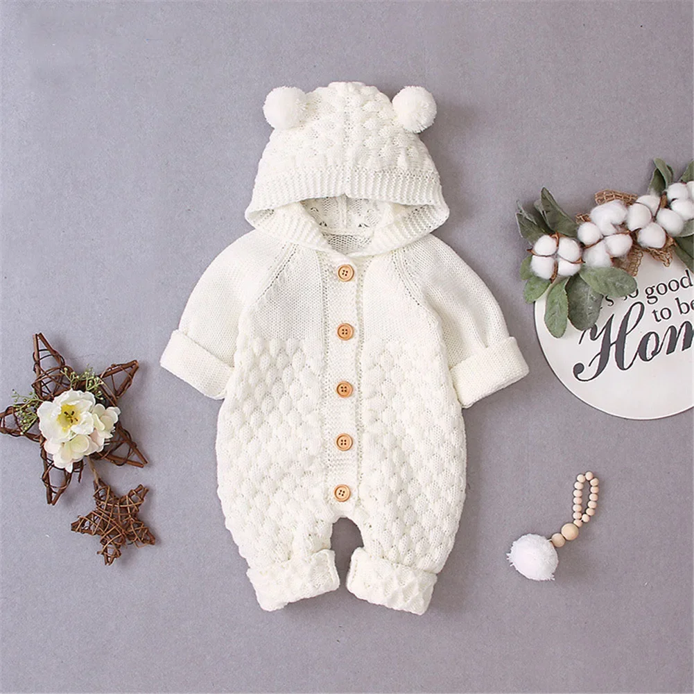 Baby Girls Bear Ear Knit Romper Boys Hooded Newborn Sweater Kids Jumpsuit Babys Outfit Autumn Winter baby rompers baby jumpsuit cotton jumpsuit baby clothing