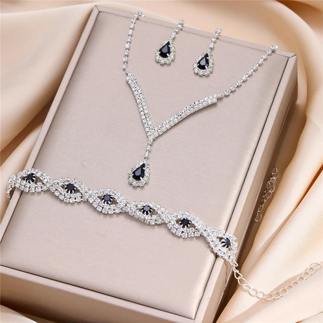 3 Pcs Luxury Rhinestone Bride Jewelry Set for Women Black Water Drop Crystal Earrings Wedding V Necklace Eye Bracelet Fashion 1