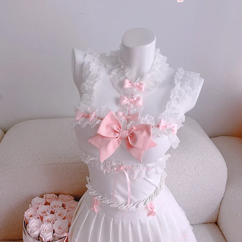 Lolita Style Sets Women Cute Lace Trim Cropped Bow Decoration Mini Pleated Skirts 2 Piece Sets for Sweet Girl Kawaii Clothes