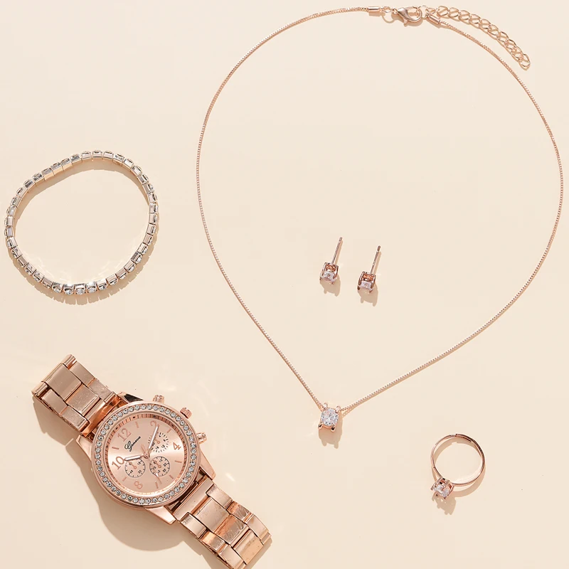 6PCS Set Luxury Watch Women Ring Necklace Earrings Rhinestone Fashion Wristwatch Female Casual Ladies Watches Bracelet Set Clock 
