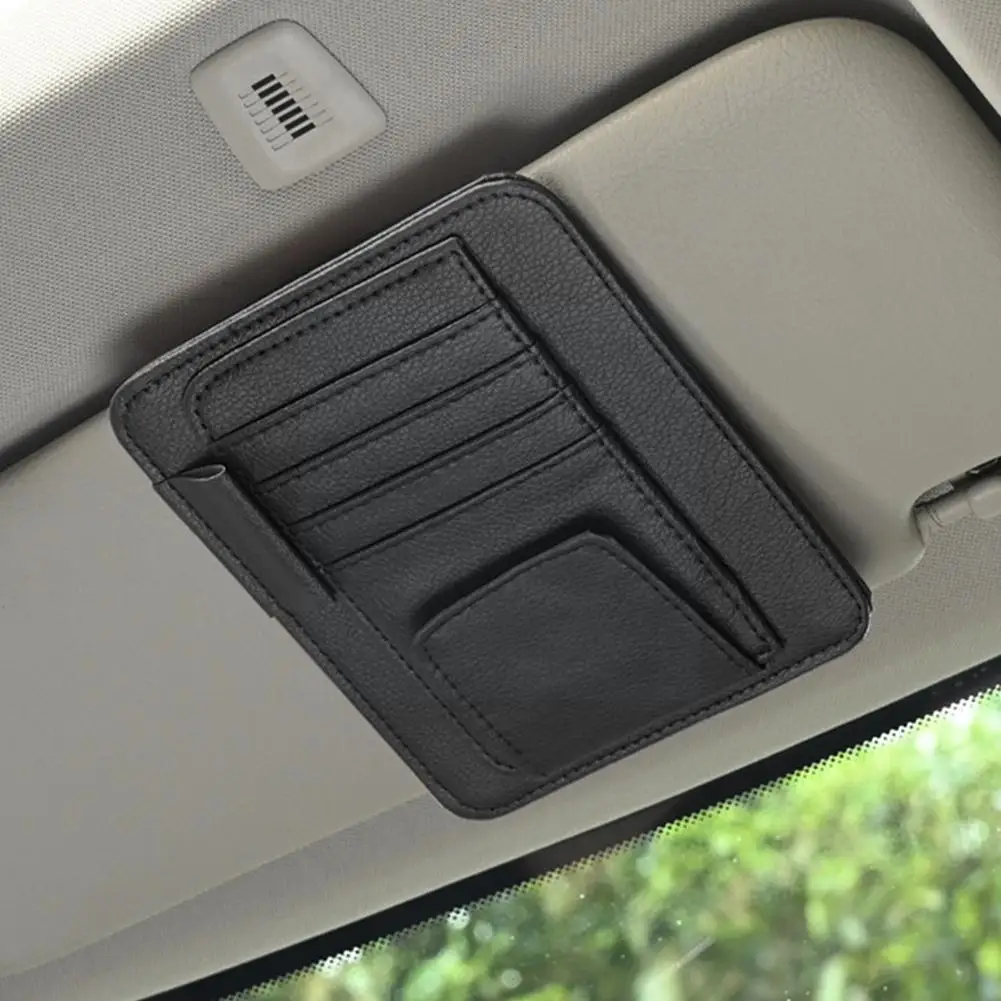 Car Sun Visor Organizer Multi-Pocket Leather Sunglasses Holder Storage Card Holder Card IC Glasses Clip Sunshade Bag
