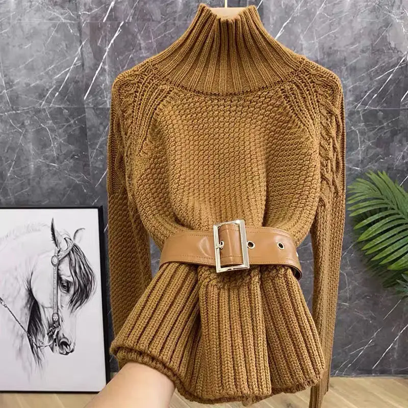 

Autumn Winter Fashion Design Women's Turtleneck Long Sleeve Patchwork PU Leather Belt Knitted Sweater Pullover Jumpers Tops D78