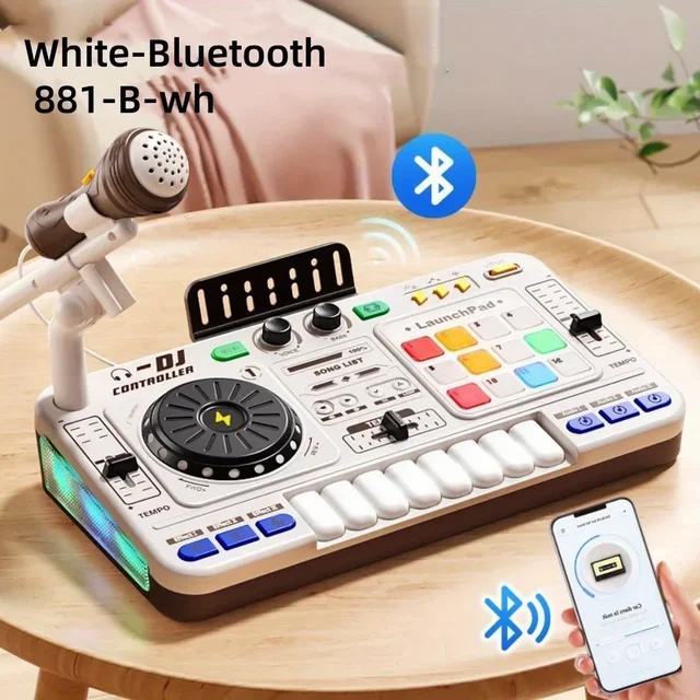 Multifunctional Simulation DJ Mixer Controller with Microphone, Bluetooth Electric DJ Player Music Entertainment Toy for Kids 4