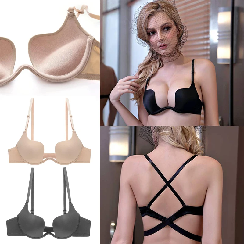 

Women Push Up Bra Sexy Deep U Plunge Convertible Padded Add Cup Underwire Low Back Halter Bra Cross Back Sexy Bra Underwear