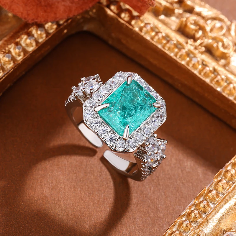 Elegant Women's Adjustable Teal Gemstone Ring in 925 Silver Plating