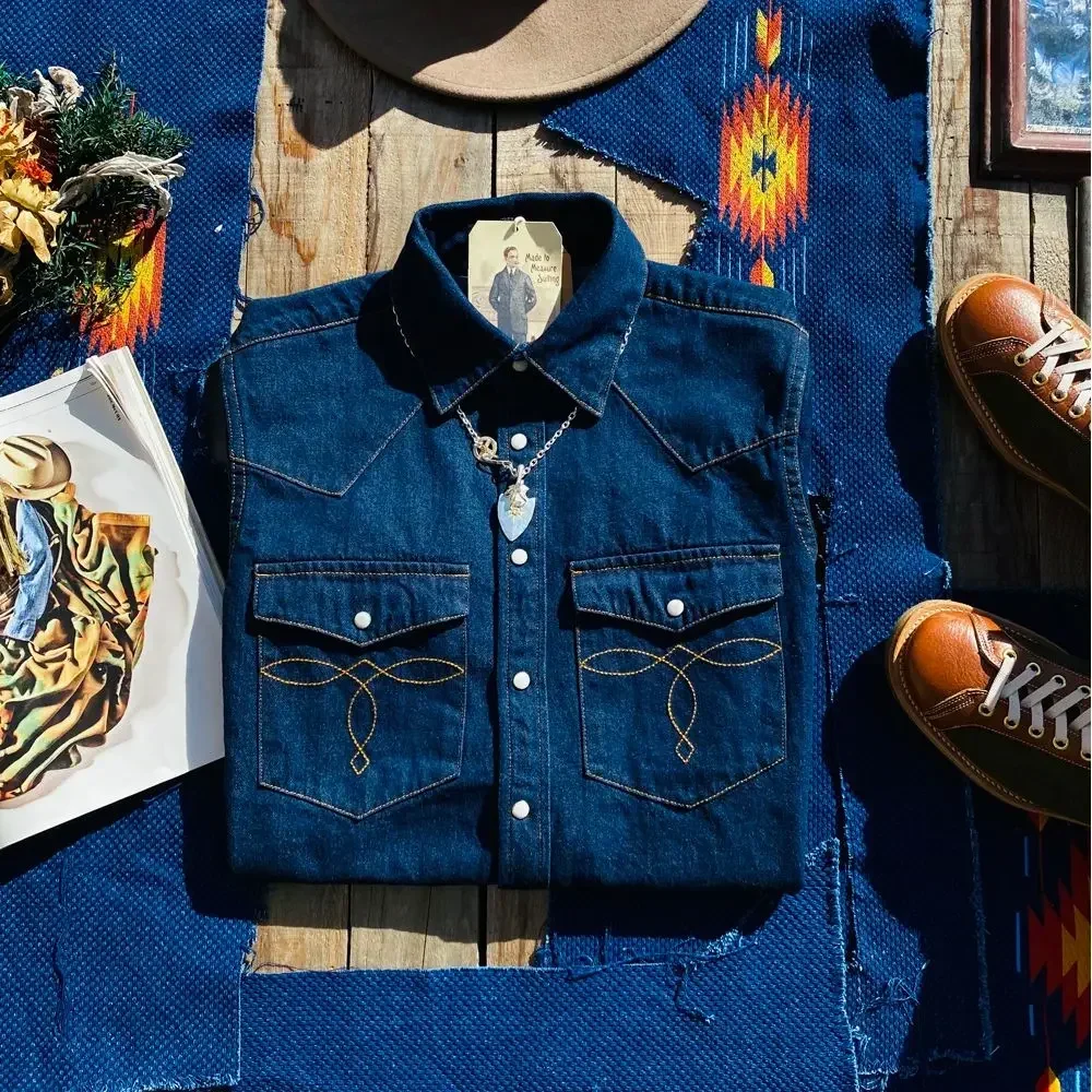 Tailor Brando American Retro Heavyweight Long Sleeve Shirt Classic Pocket Flower Jewel Button Western Denim Men's Slim Fit Shirt