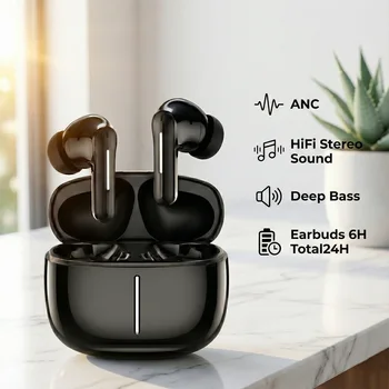 Wireless ANC Earbuds Active Noise Cancelling Bluetooth Headphones Hi-Fi Stereo 24H Playtime Low Latency Mic for Sports Running 1