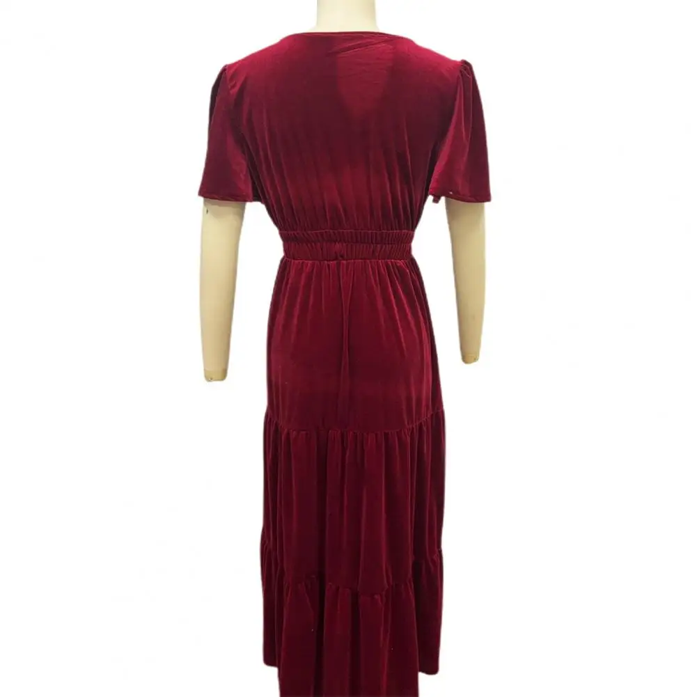 

Workwear Dress Stylish Summer Women's Pleated Patchwork Maxi Dress with A-line Silhouette V Neck Short Sleeves for A Loose