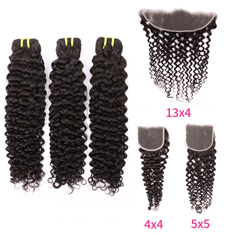 

100% Brazilian Human Hair Deep Curly Bundles With 4x4 5x5 13x4 Swiss Transparent HD Lace Closures Frontals Only Pre Plucked