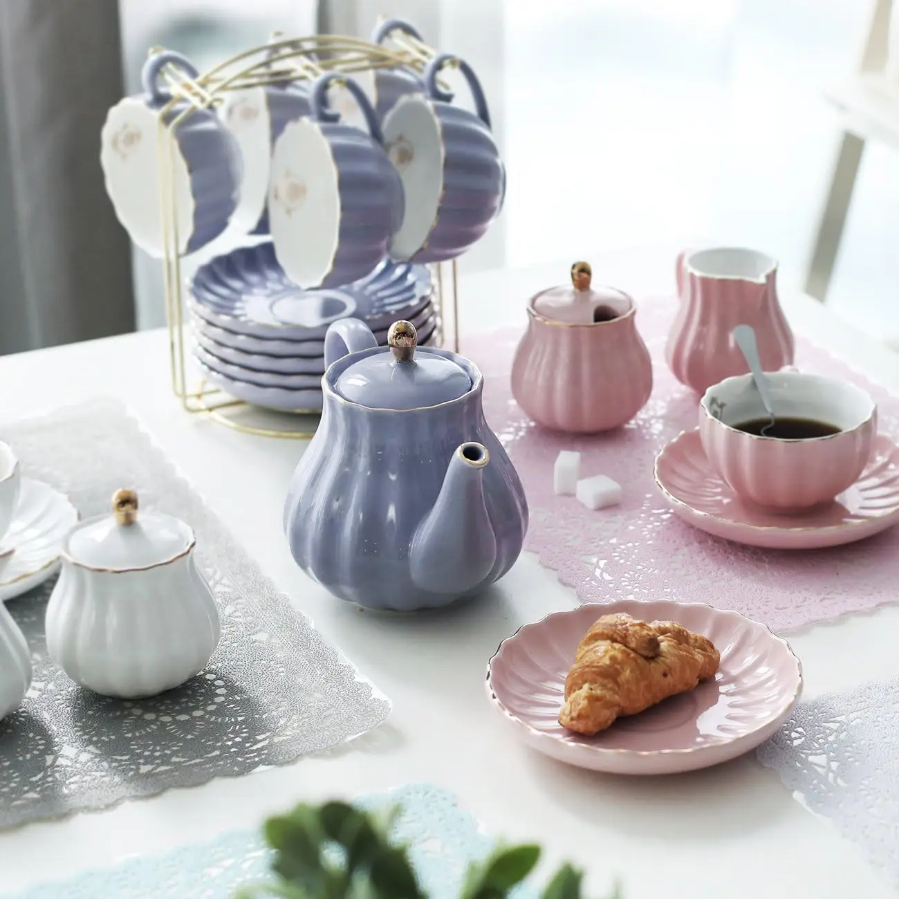 Porcelain Tea Sets British Royal Series, 8 OZ Cups& Saucer Service for 6, with Teapot Sugar Bowl Cream Pitcher Teaspoons