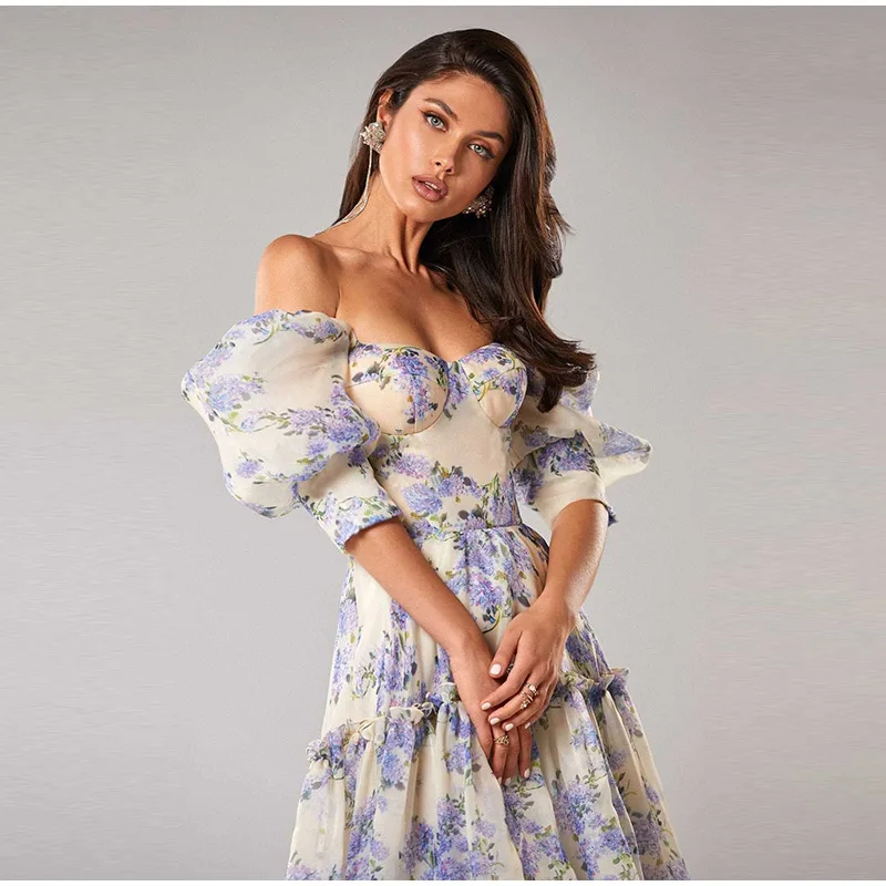 Elegante Gedruckt Puffy Sleeve Langes Kleid Frauen Retro Quadrat Kragen Zurück Spitze Up Plissee Party Kleider Dame 2025, Sommer Chic Roben – Detail 1