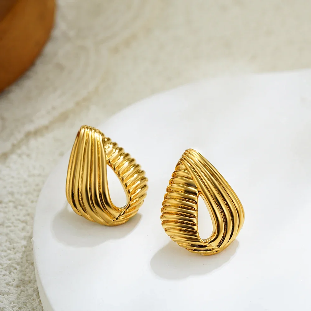 2025 New Fashion Striped Texture Hollow Teardrop Earrings 18K Gold Plated Hypoallergenic Water Droplet Ear Studs Jewelry Gifts
