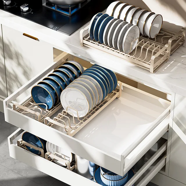 Armadietto estraibile Portaoggetti per piatti Piatto in acciaio inossidabile Supporto per supporto di scarico Cassetto da cucina Organizzatore per cestini per ciotole incorporato 2