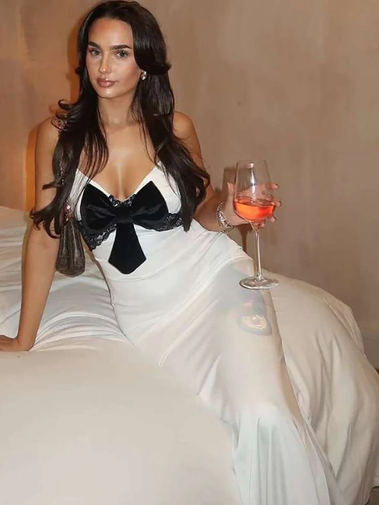 Nibber Hipster Chic Bow Jacquard Dress Women Simple Sleeveless V-Neck Midnight Banquet Party Vacation Stretch Elegant Vestidos