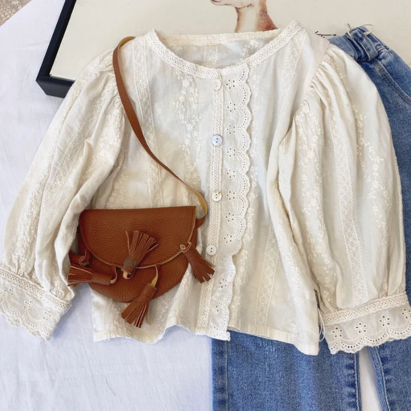 Autumn Girls Long Sleeve Lace Floral Blouses Kids Korean Design Blouses
