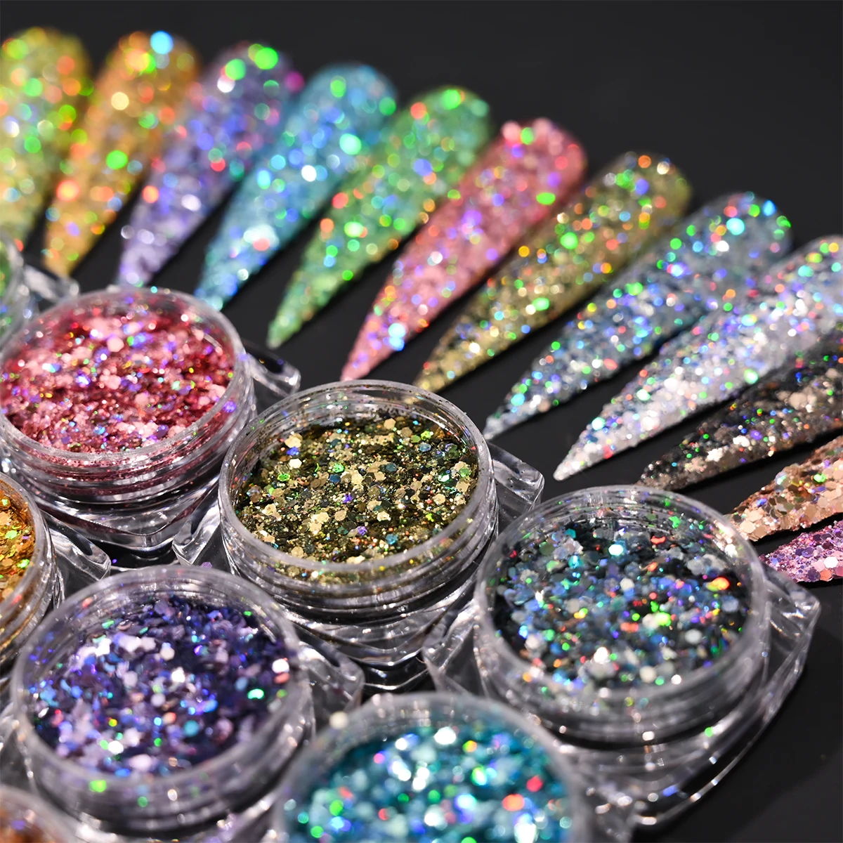 

12Jars/Set Holographic Hexagon Chunky Glitter Shining Gel Polish 3D Sequins For Manicure Decoration Nail Art Flakes Dust