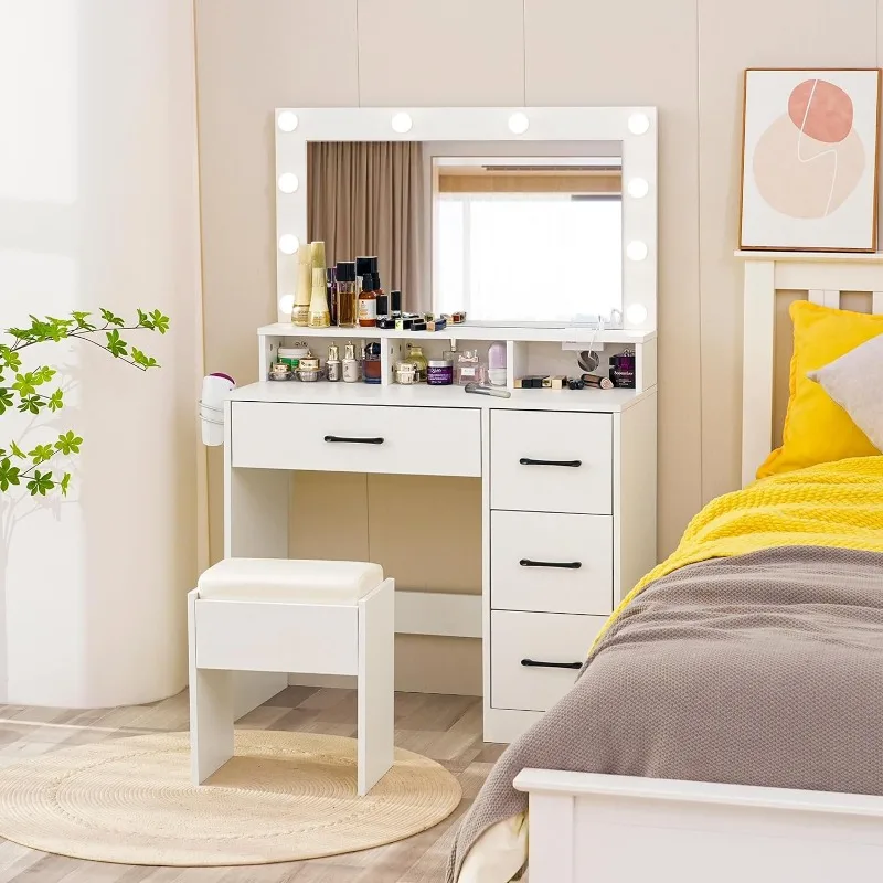 

CCF Bedroom White Vanity Mirror with Lights Desk and Chair,Big Makeup Vanity Desk with Mirror and Lights,Large Drawer