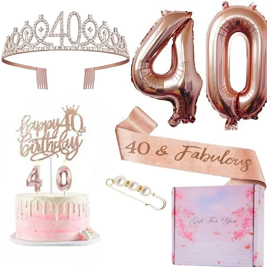13th Birthday Decorations - Rose Gold Tiara Sash Set 8Pcs/Set 13 16 18 21 30 40 50 60 70 80 Birthday Party Crown Sash Cake Balloons Candles Decoration with Gift Box for Women 6
