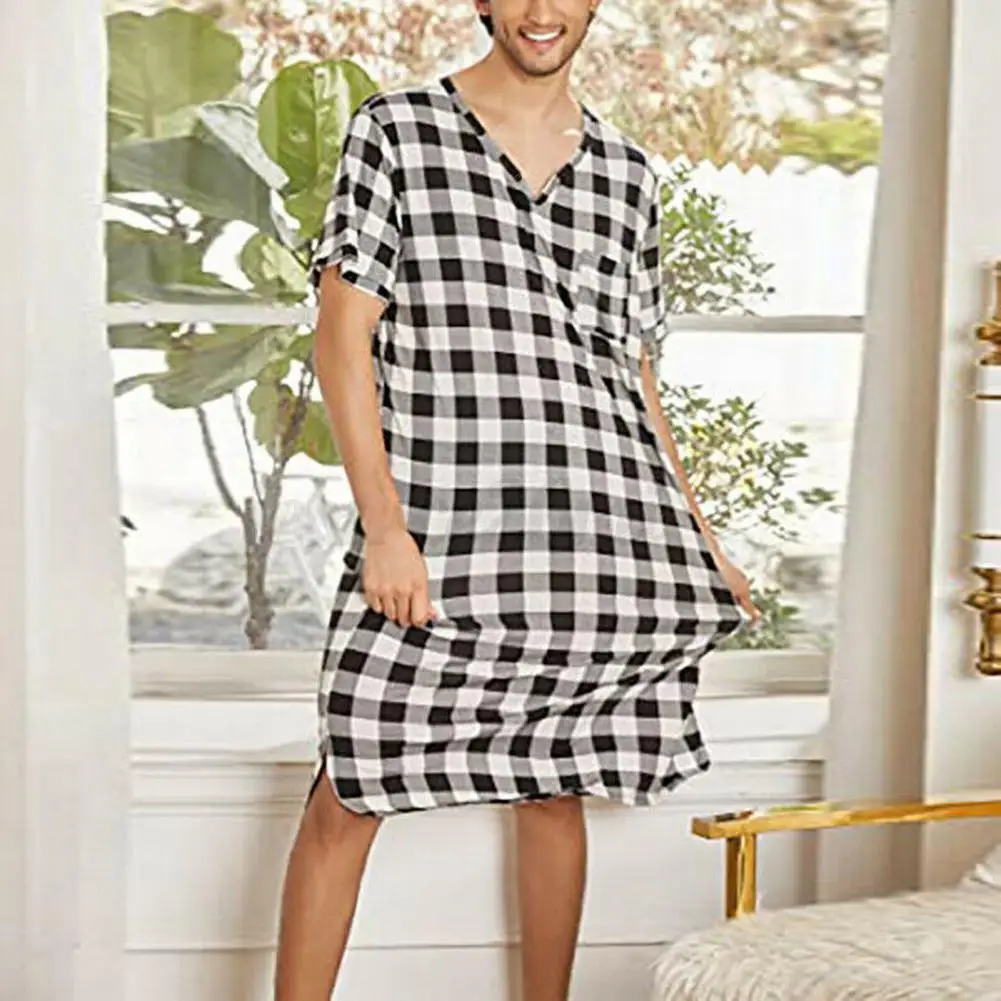 

V-neck Pajamas Color Block Nightwear Plaid Print Men's Summer Pajamas with Short Sleeves Chest Pocket V Neck Sleep for Homewear