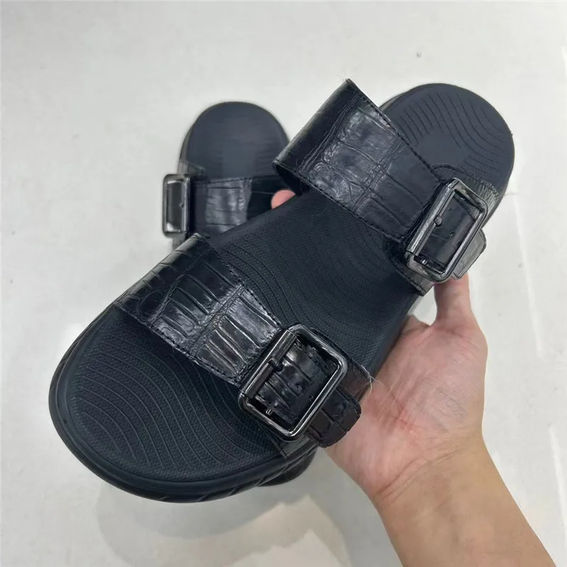 정통 이국적인 악어 피부 클래식 블랙 남성용 부드러운 한 줄 슬리퍼, 진짜 진짜 악어 가죽, 남성 오픈 토 슬리퍼