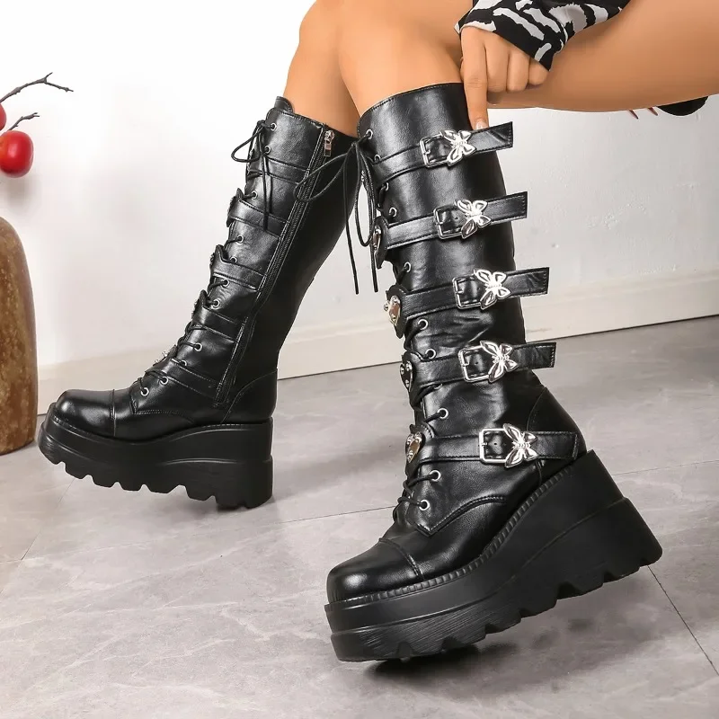 Plus Size Studed Metal Buckle Tall Shoes Fall Winter Round Toe Platform Side Zip Womens Platform Platform Wedge Boots