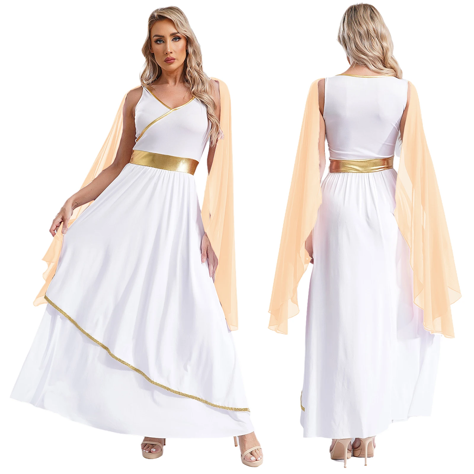 Trajes de Cosplay de reina romana de Grecia para mujer, adornos dorados, Toga antigua, disfraz de Halloween, vestido de belleza griega con cuello en V