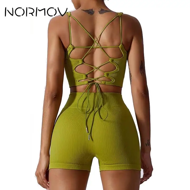 

NORMOV Two Piece Seamless Yoga Set Straps Cross Workout Set Solid Gym Sets for Women V-Waist Gym Wear One Shoulder Tracksuit