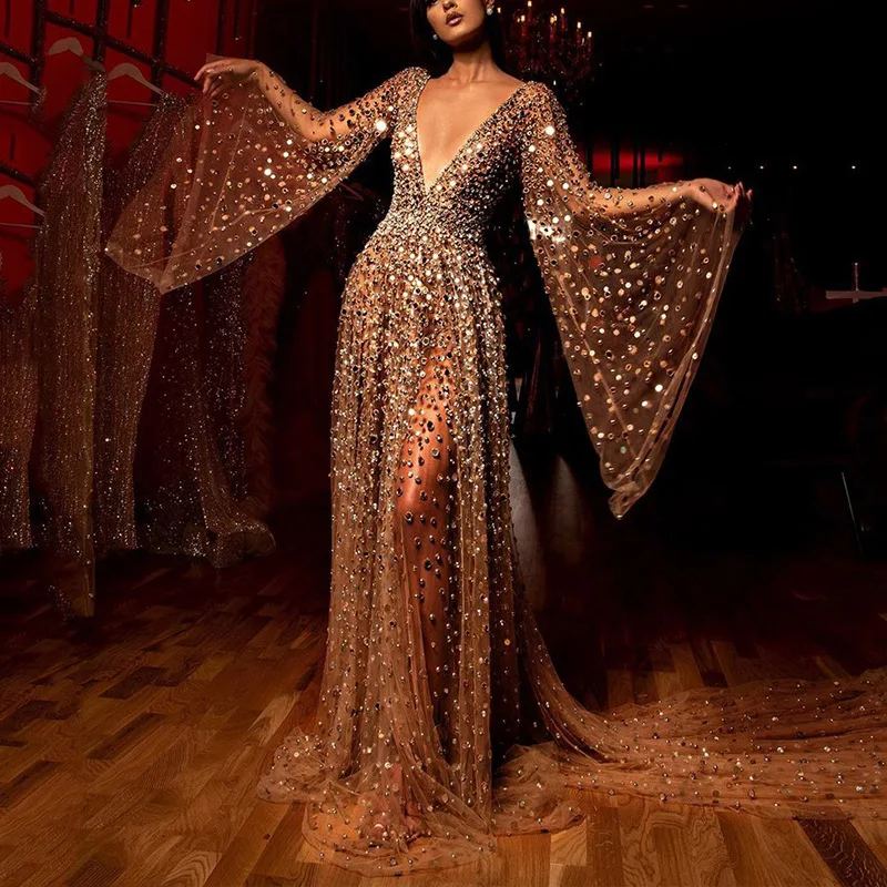 

2022 Long-sleeved Deep V Long Skirt Sheer Sprinkled Gold Dress