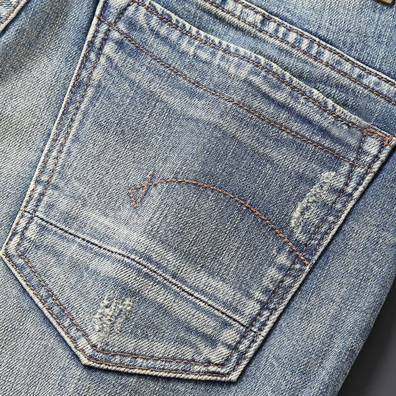 Fashion Designer Men Jeans Retro Washed Blue Elastic Slim Fit Ripped Jeans Men High Quality Trousers Vintage Denim Pants Hombre