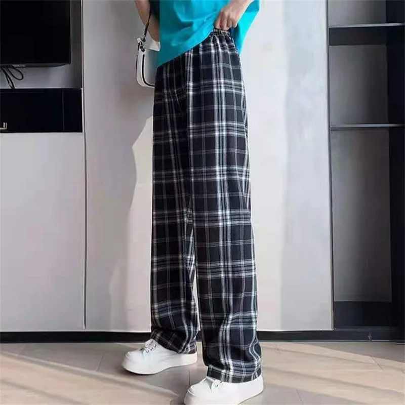 Adolescentes em Linha Xadrez Calças Finas Oversize Feminino Verão Casual Solto Perna Larga Ins Reta Harajuku Hip-hop Unisex Streetwear Sml 22 Computers & Electronics