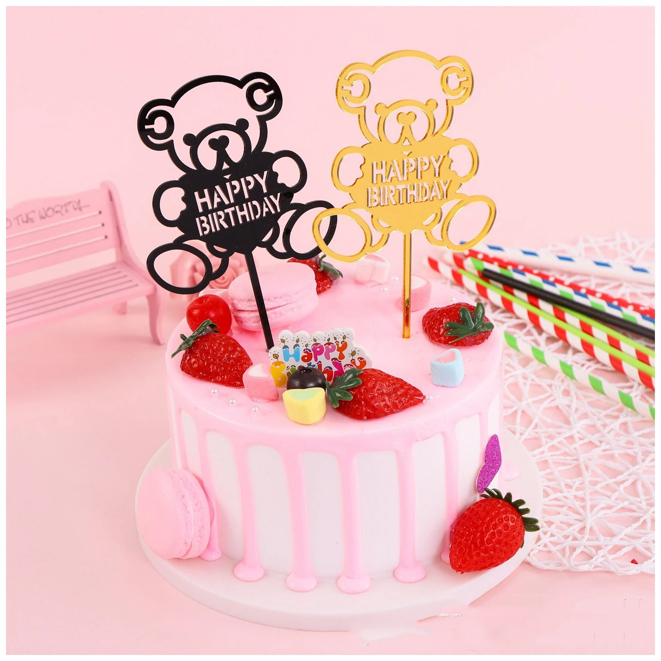 

10pcs Acrylic Cake Topper Happy Birthday Party Cupcakes Dessert Decorations Supplies Cartoon Bear Creative Gold Baked Goods Tag