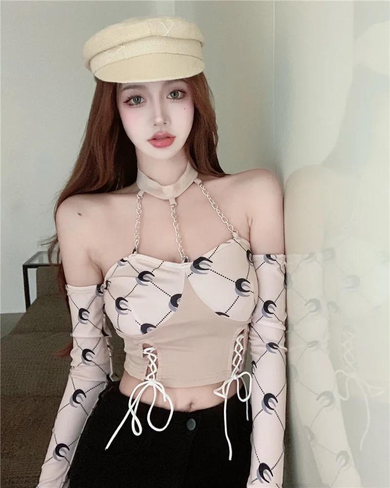 Impressão do Vintage Rendas até Corrente Fora do Ombro Chique Colheita Topo Camisa Feminina Sexy Slash Neck Halter Retalhos Tshirts Moda Roupas t 1 Home & Garden