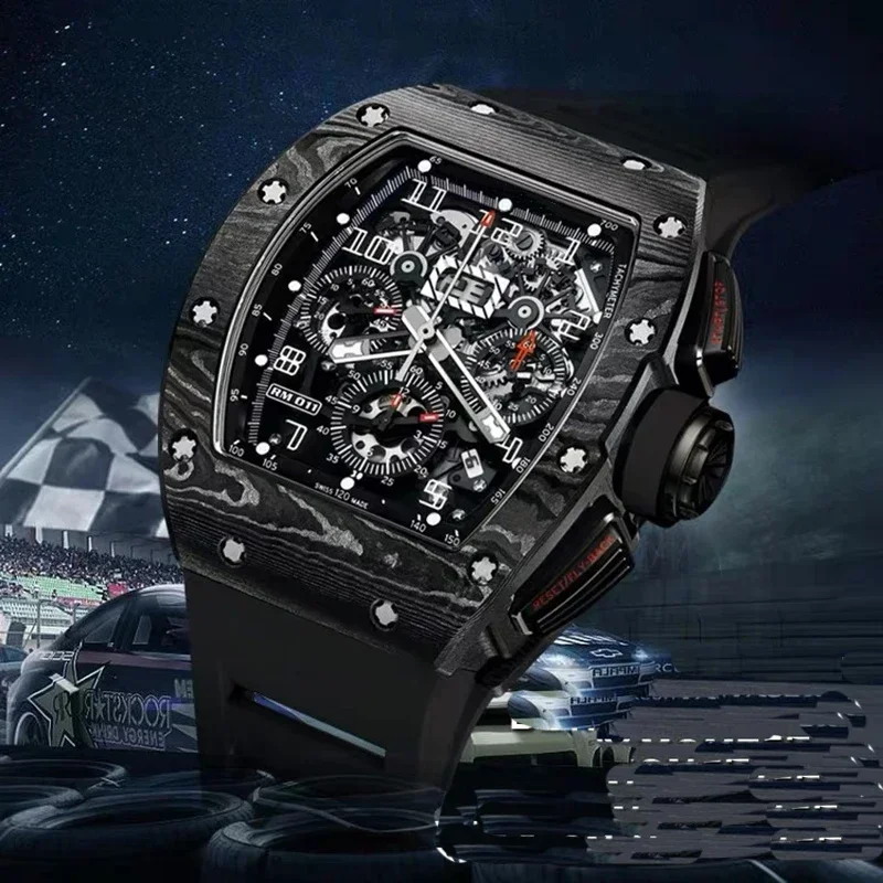 

Luxury New Men Watch Carbon Fiber Flyback Automatic Mechanical Black Rubber Sport Watches