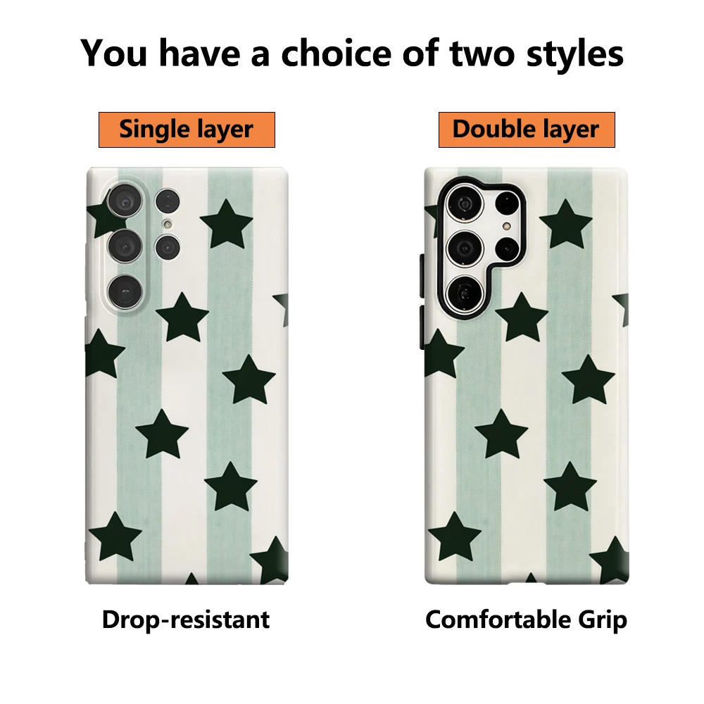 Mint Striped Starry Pattern Glossy Double-Layer Phone Case