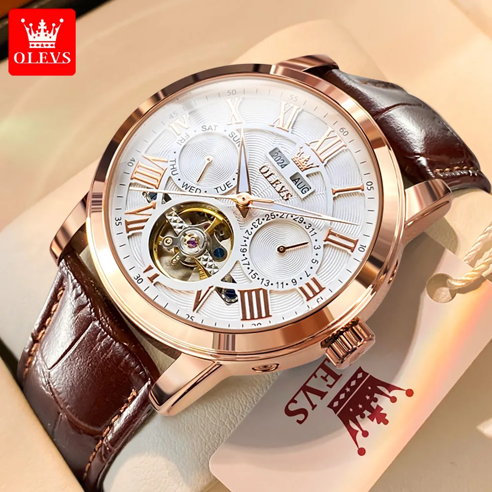 

OLEVS Mechanical Watch for Men Dual Calendar Date Week Clock Skeleton Waterproof Leather Strap Men's Wristwatch Automatic Watch