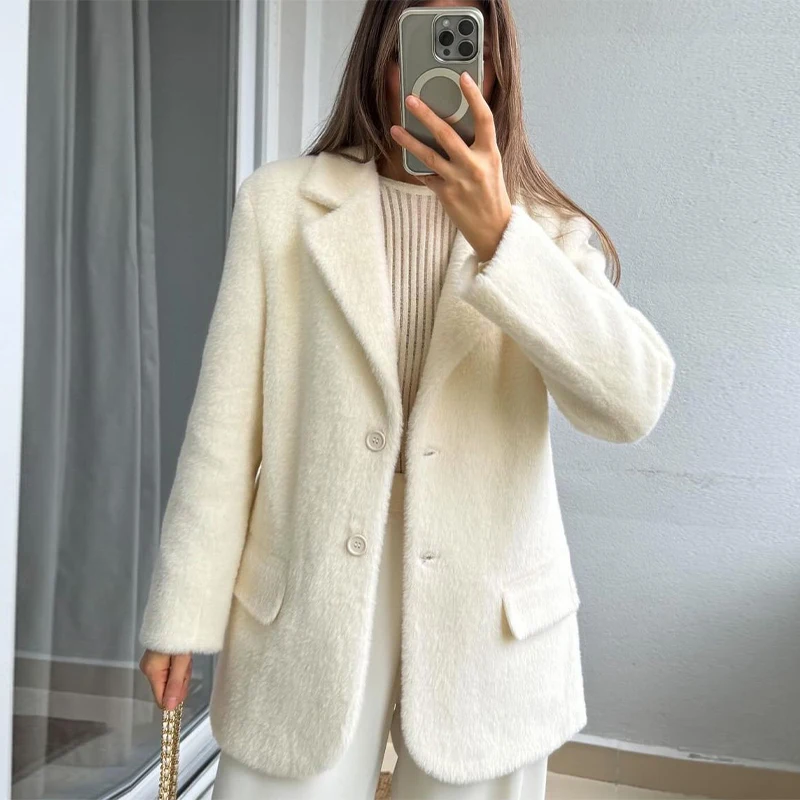 White Mohair Blazer Coat Women Loose Lapel Single-breasted Long Sleeve Thick Warm Jackets 2025 New Office Lady Street Outerwear 11 White Mohair Blazer Coat Women Loose Lapel Single-breasted Long Sleeve Thick Warm Jackets 2025 New Office Lady Street Outerwear