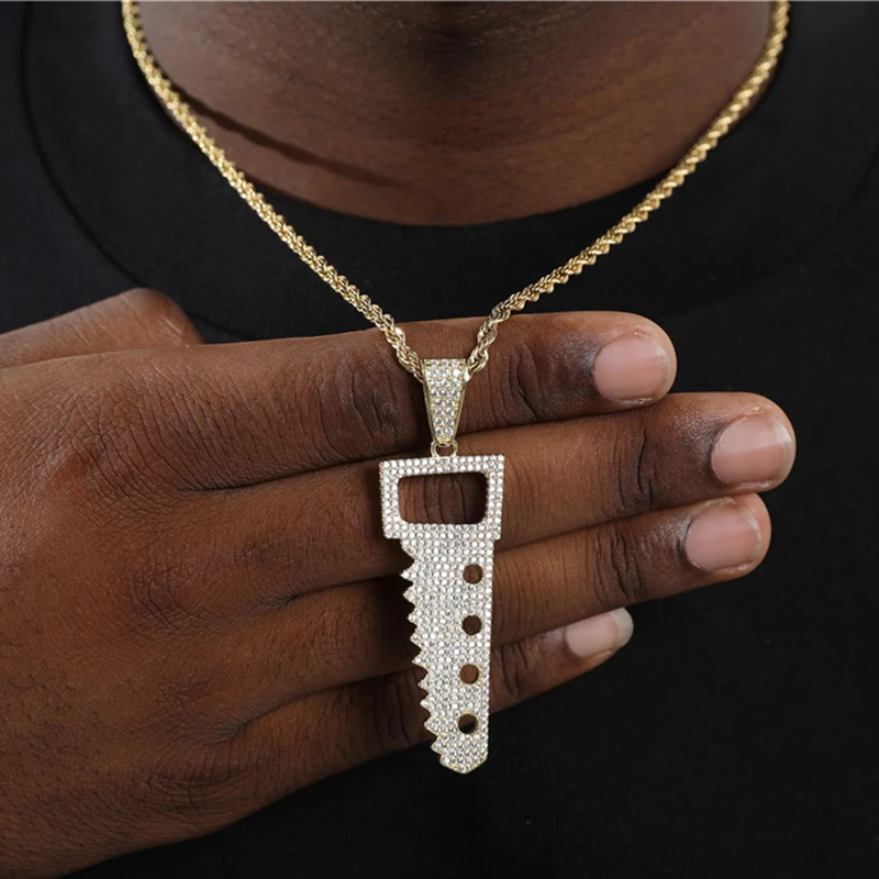 

Personality Saw Shape Pendant Men's Hip Hop Rock Necklace Chain Solid Back Full Cubic Zircon Fashion Rapper Jewelry