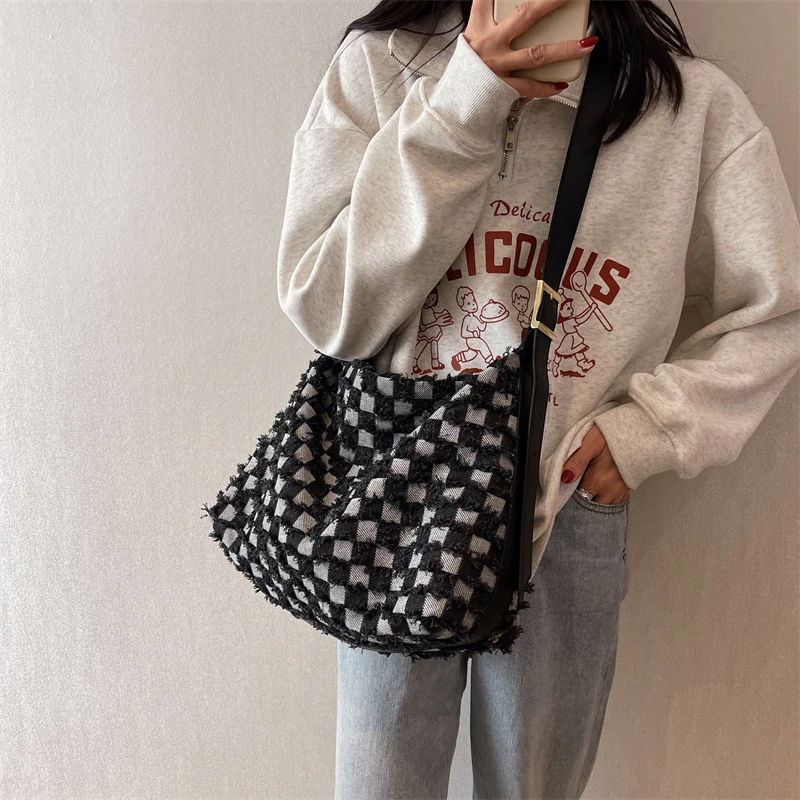 Checkered Women's Bag 2023 New Jeans Eco Bag Korean Shopping Denim Shoulder Cross Bag Large Messenger Bag Y2K PU Belt Satchel