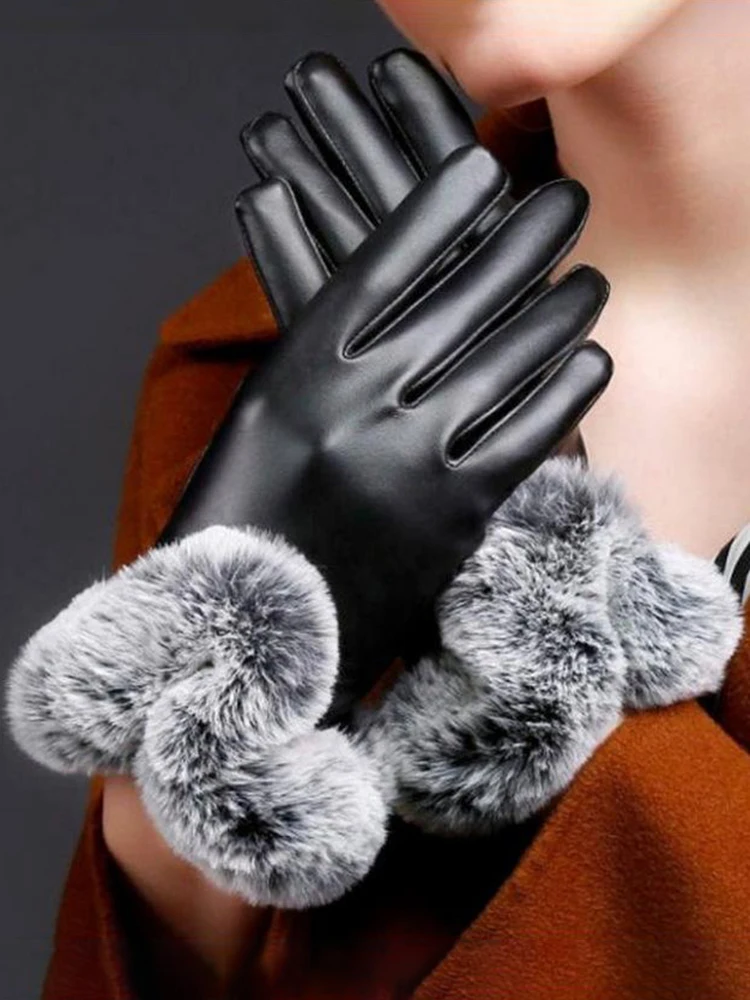 Women gloves 1 Pair Women Winter Warm Gloves PU Leather Rabbit Fur Mittens
