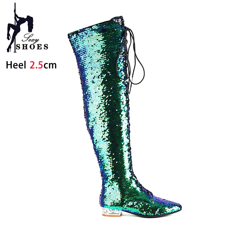 Women Sexy Long Black Boots Autumn Winter Low Heel Party Shoes Shiny Sequined High Heels Lace-up Over the Knee Boots Large Size