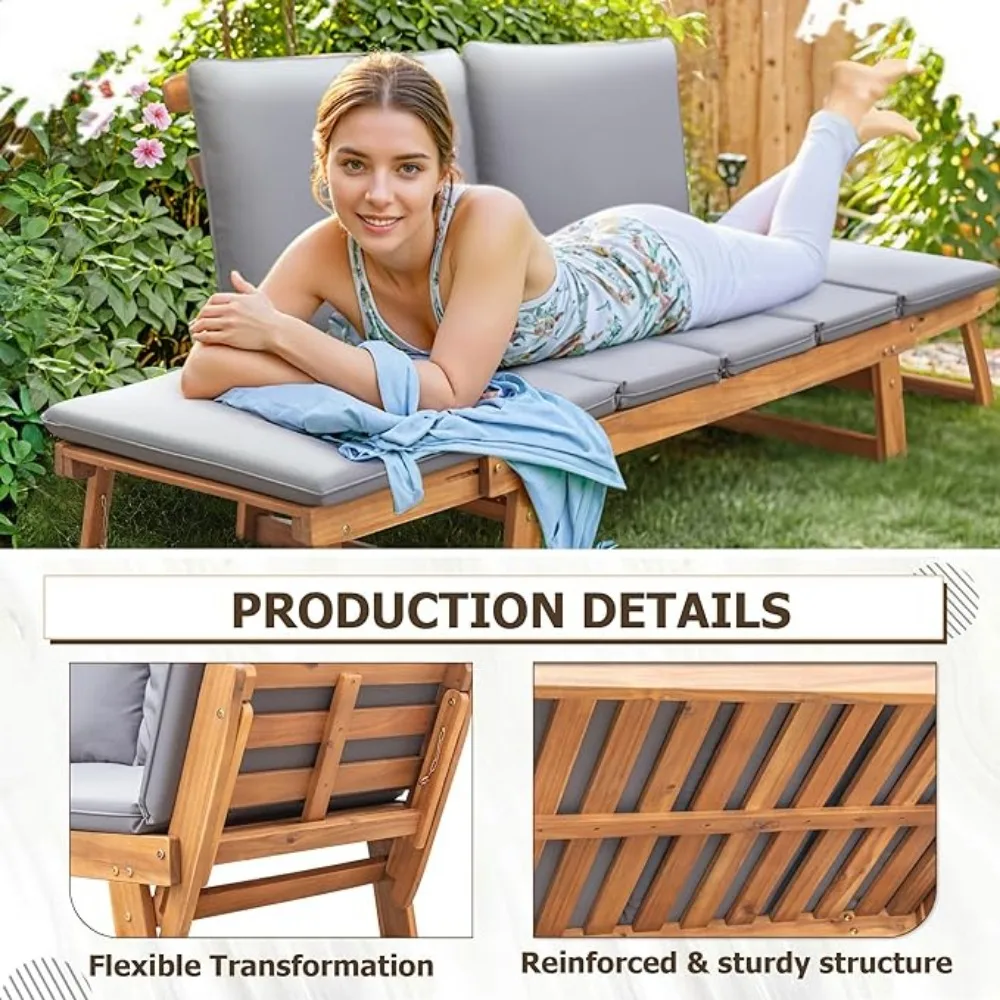 Outdoor Couch Acacia Wood Patio Couch with Adjustable Armrests,Outdoor Convertible Sofa with Removable Cushions&Pillows 5