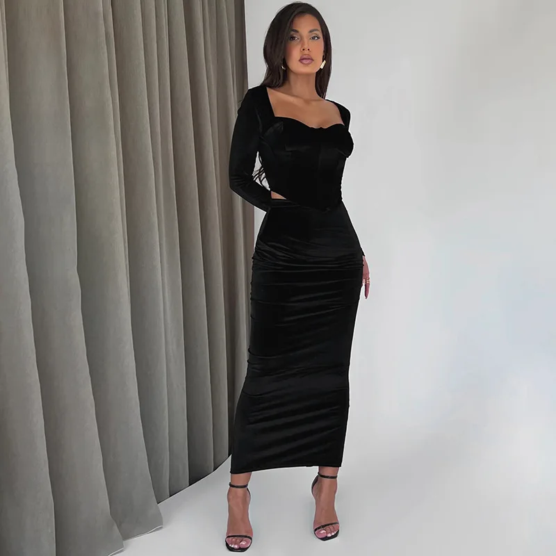 Autumn Scoop Neck 2 Piece-Set Maxi Skirt For Women Patchwork Long Sleeve Slim Luxury Party Looks Female Skinny Outfits New