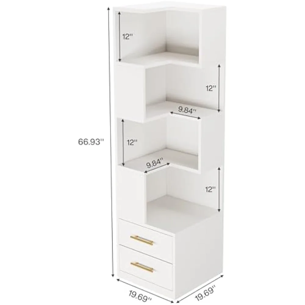 5-Tier Corner Bookshelf with 2 Drawers, 66.9-Inch Tall Corner Bookcase Shelf, Modern Simple Corner Storage Cabinet 2