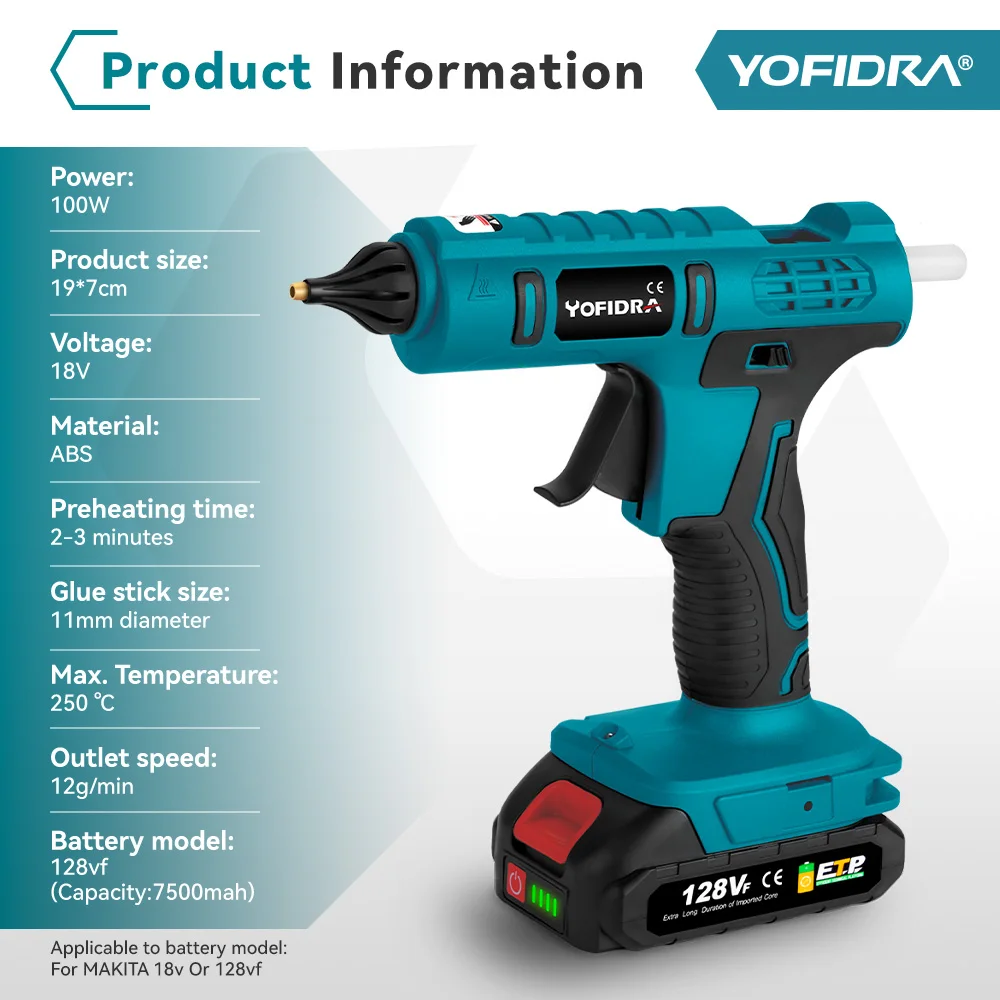 Hot Melt Glue Gun Hot Glue Gun Cordless Glue Gun 100W Cordless Electric Hot Melt Glue Gun 11mm Glue Stick For Arts DIY Household Electric Repair Tool For Makita 18V Battery
