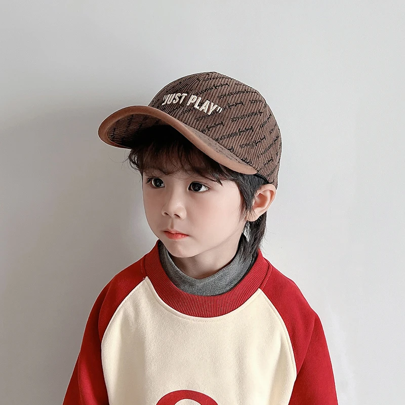 레터 자수 코듀로이 야구 모자, 어린이 소년 소녀, UV 보호 통기성 선햇, 어린이 여행 캠핑 모자