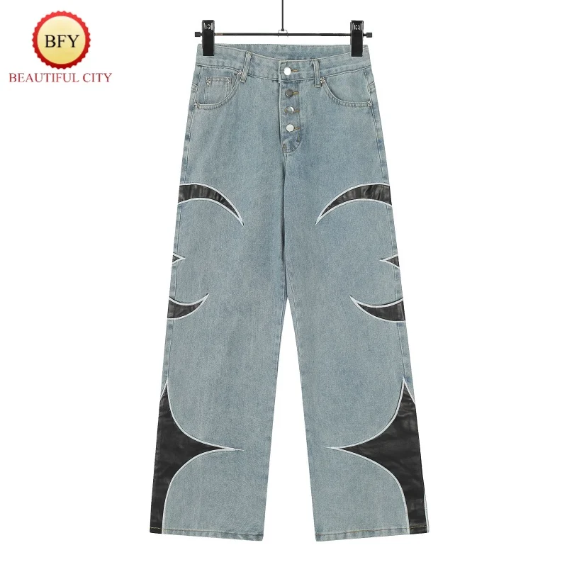 High Street Black Blue ThugClub Star and Moon Patchwork Leather Embroidery Logo Straight Loose High Quality Mens Womens Jeans 3