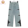 High Street Black Blue ThugClub Star and Moon Patchwork Leather Embroidery Logo Straight Loose High Quality Mens Womens Jeans 3